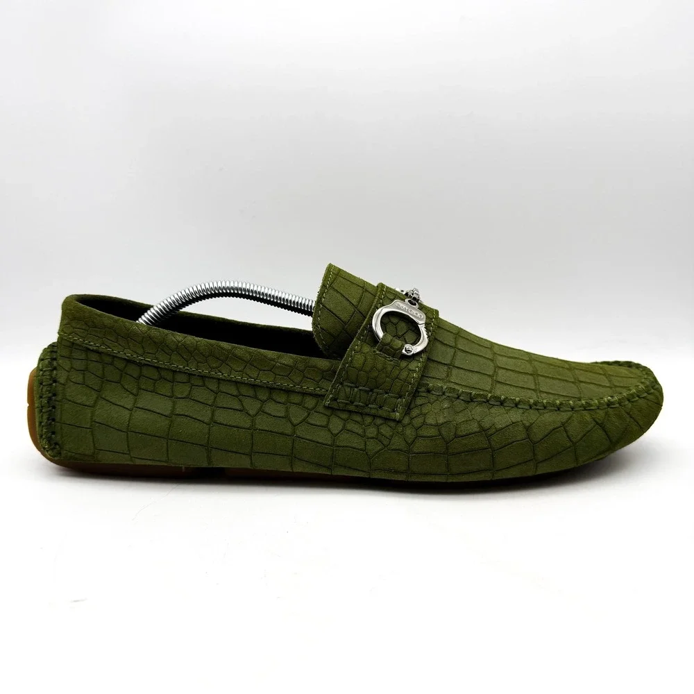 Jimmy Choo Croc Embossed Suede Driving Loafers Green Silver Hardware Size 46